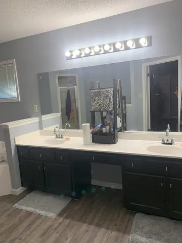 a bathroom with double vanity and a mirror
