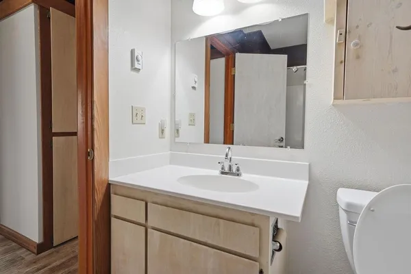 a bathroom with a sink and a mirror