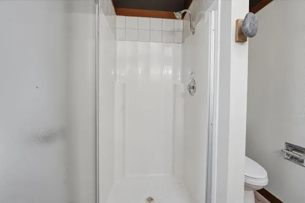 a bathroom with a shower and a toilet