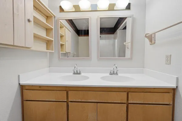 a bathroom with a sink and a mirror