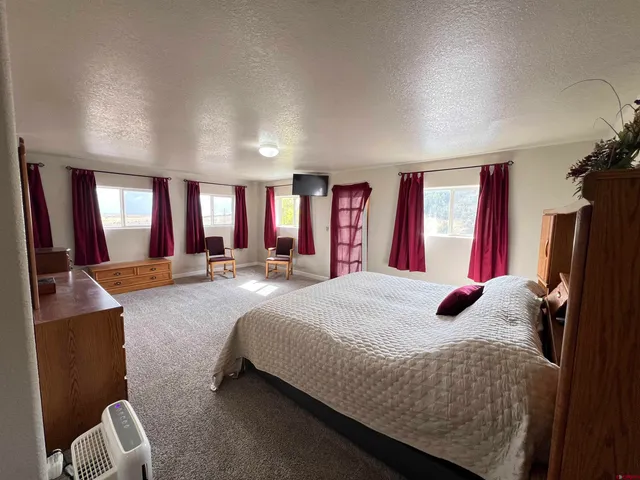 a bedroom with a bed dresser and a large mirror