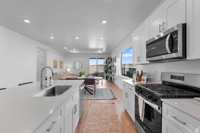 1589 South Fins Road, Unit 4178 Washington, UT 84780 - Photo 16 of 30 Modern kitchen featuring white cabinetry, stainless steel appliances, a large island with an undermount sink, and wood-finish flooring