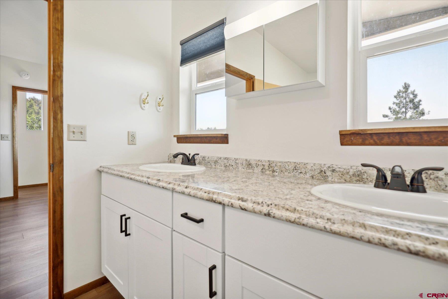 1039 Silver Mesa Driveway Durango, CO 81301 - Photo 13 of 35 a bathroom with a granite countertop sink and a mirror