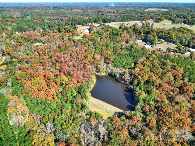 an aerial view of residential house with outdoor space and trees all around
