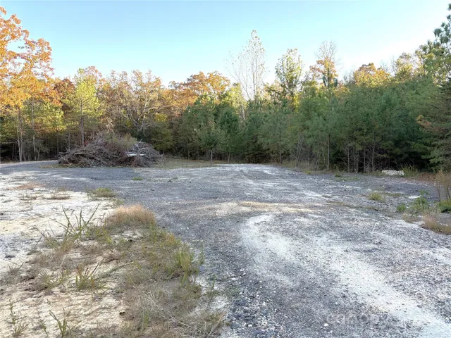 a view of a dirt road with trees in the background