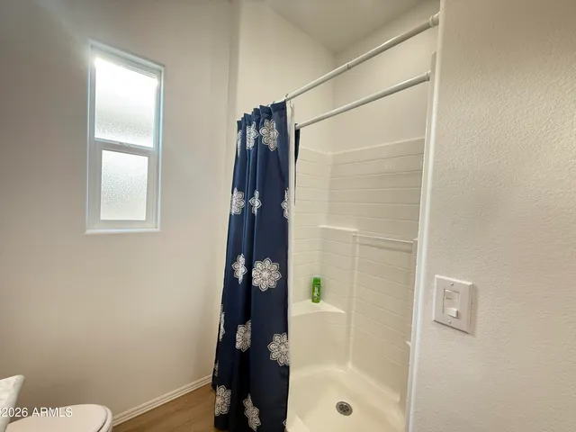 a bathroom with a shower and a toilet