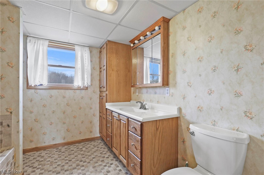 411 Adario West Road Shiloh, OH 44878 - Photo 15 of 35 Bathroom featuring vanity, toilet, a drop ceiling, and tile flooring