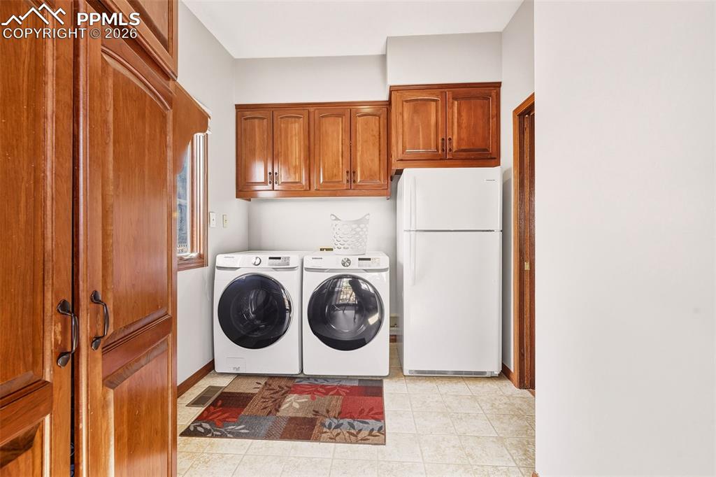 2771 Rigel Drive Colorado Springs, CO 80906 - Photo 26 of 50 Main-level laundry with upper storage cabinetry, additional refrigerator space for convenience with adjoining office area.