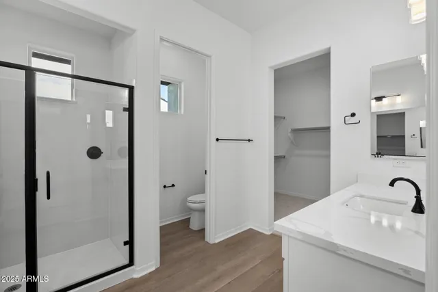 a bathroom with a sink a toilet and shower