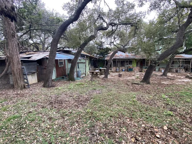 a view of a backyard with a tree
