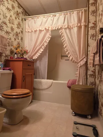 a bathroom with a toilet and a mirror