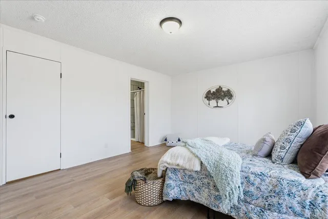 a bedroom with a large bed and a chandelier