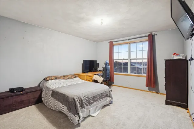 a bedroom with a bed and a flat tv screen