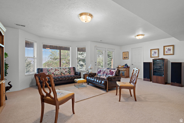 166 South Ridgeview Drive Orem, UT 84058 - Photo 26 of 38 Bay window with multiple glass panes, carpet flooring, recessed lighting, white walls, and a white door with glass panels