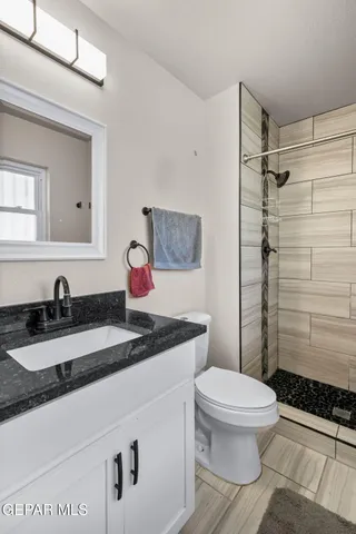 a bathroom with a sink toilet vanity and shower