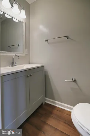 a bathroom with a sink a toilet and mirror