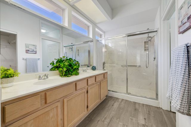 a bathroom with a shower and a sink