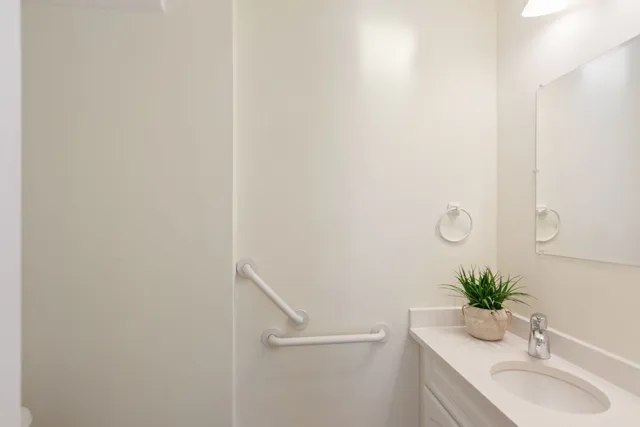 a bathroom with a sink and a mirror