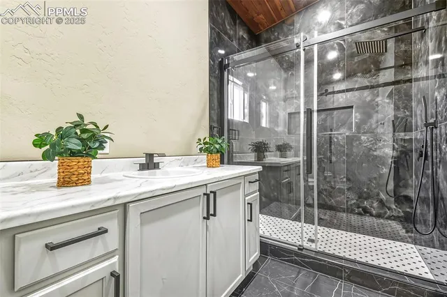 a bathroom with a sink and a shower