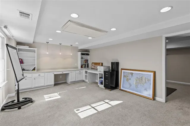 a view of a large building with a bench