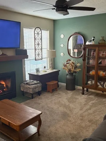 a living room with furniture a flat screen tv and a fireplace