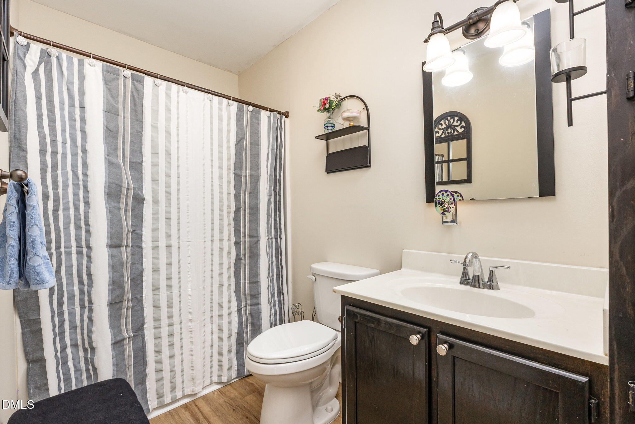 365 Landmark Road Willow Spring, NC 27592 - Photo 21 of 27 a bathroom with a sink a toilet and shower curtain