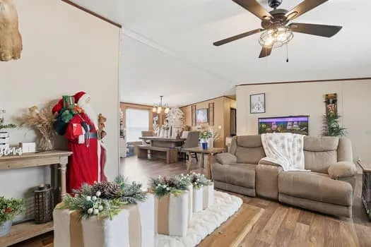 a living room with furniture and a potted plant