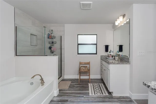 a bathroom with a bathtub sink and mirror