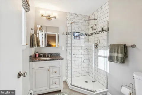 a bathroom with a granite countertop sink a toilet and shower