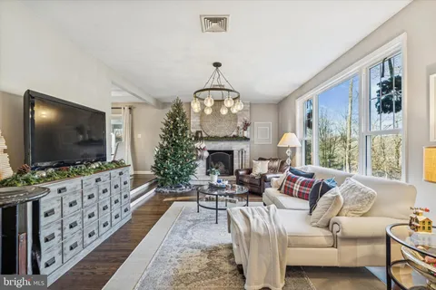 a living room with fireplace furniture and a flat screen tv