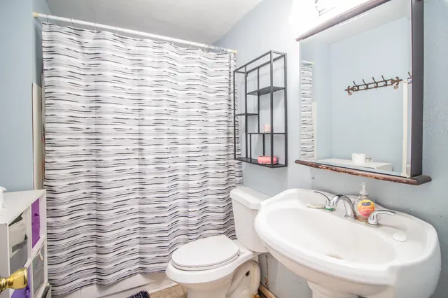 a bathroom with a sink a toilet and shower curtain