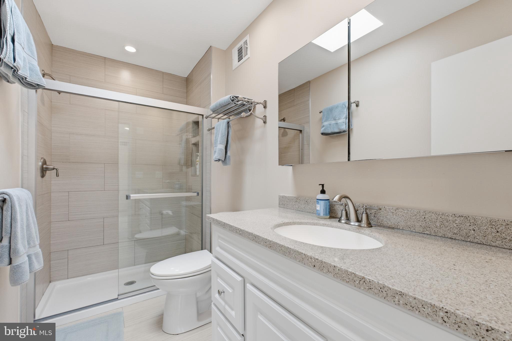 4848 Reservoir Road Northwest Washington, DC 20007 - Photo 21 of 49 a bathroom with a sink toilet a mirror and shower
