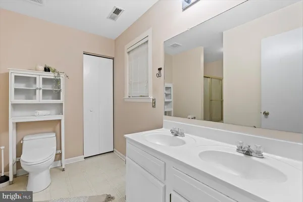 a bathroom with a toilet a sink a mirror and a shower