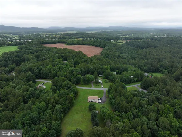 an aerial view of green landscape with trees houses and lake view