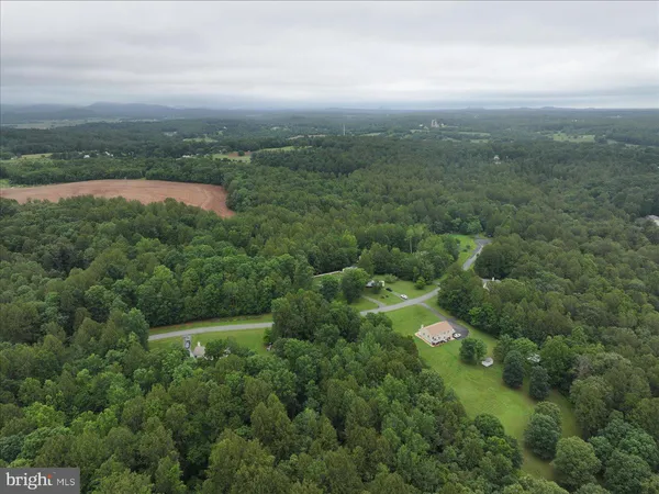 an aerial view of residential houses with outdoor space and trees