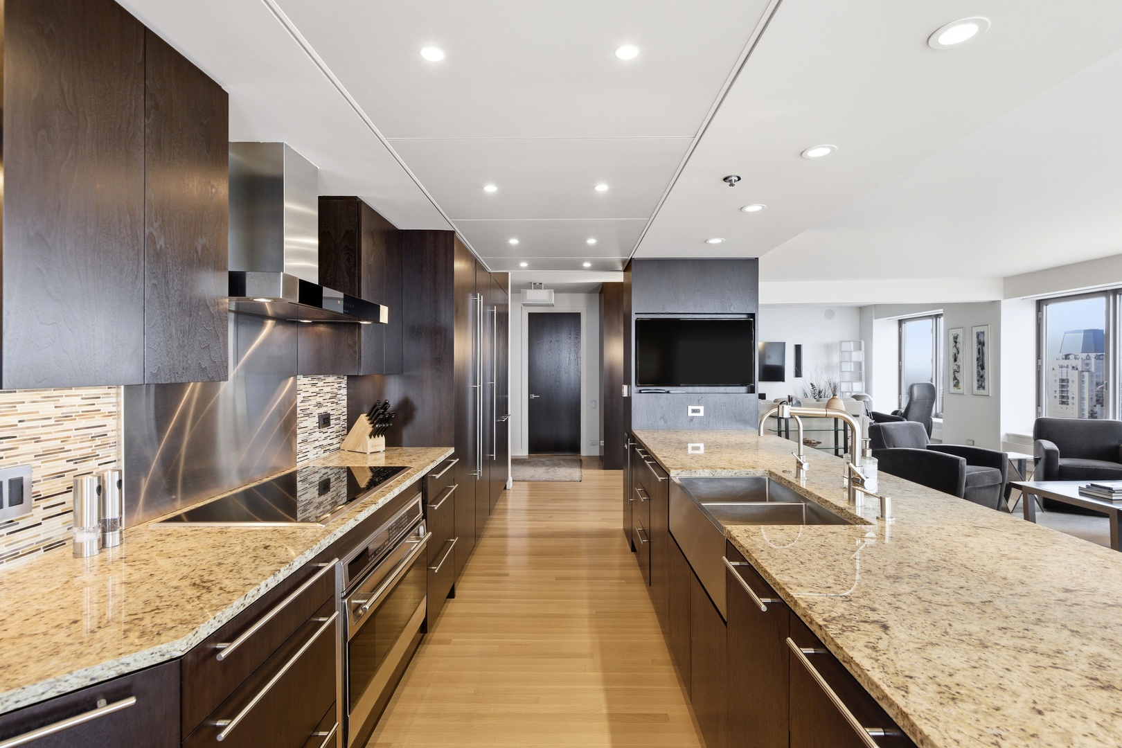 161 East Chicago Avenue, Unit 53A Chicago, IL 60611 - Photo 13 of 47 a large kitchen with stainless steel appliances lots of counter space and wooden floor