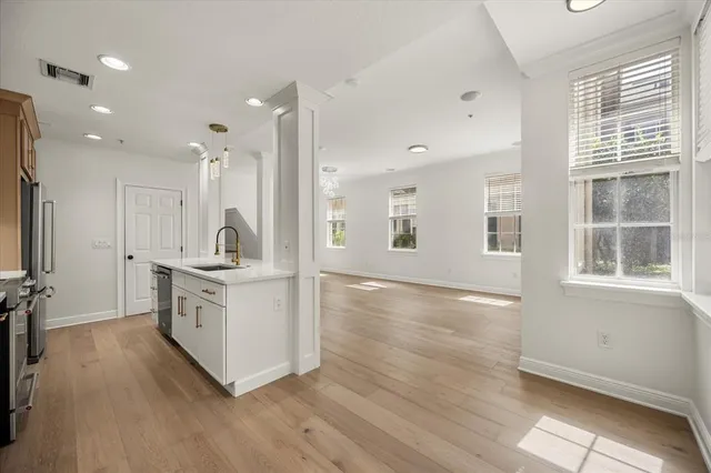 a view of a park with large trees