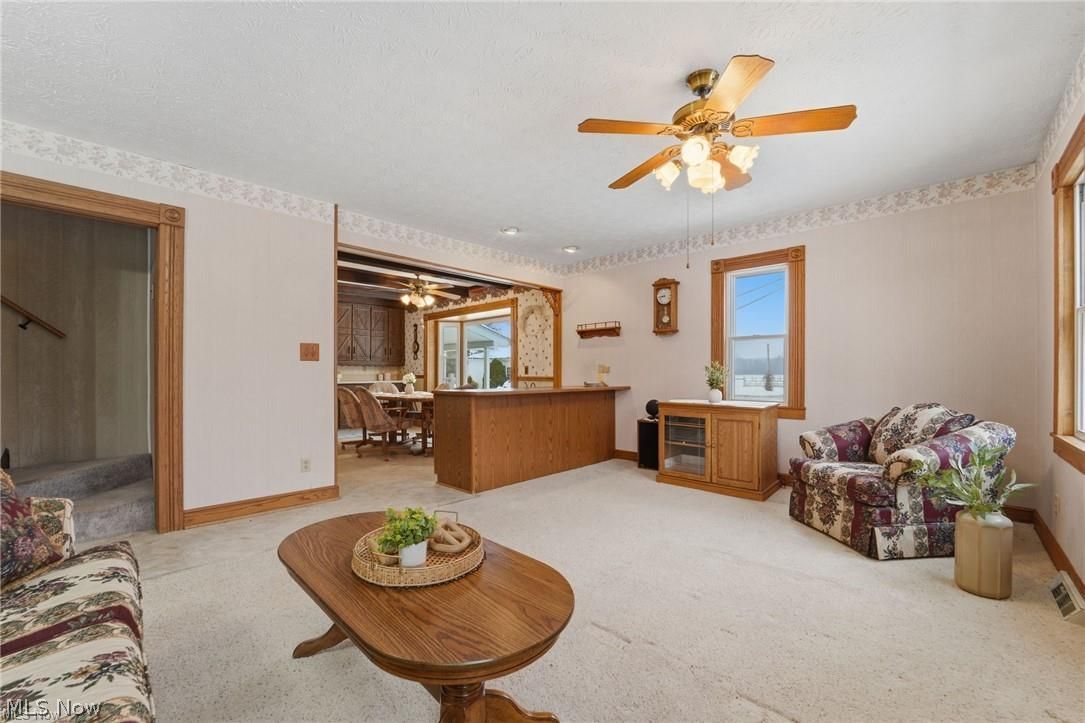 17452 Huntley Road Windsor, OH 44099 - Photo 19 of 49 Living area with ceiling fan, light carpet, and a textured ceiling