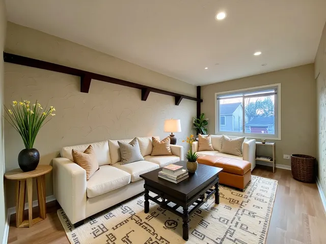 a living room with furniture and a potted plant