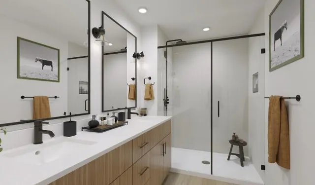a bathroom with a double vanity sink mirror double and shower