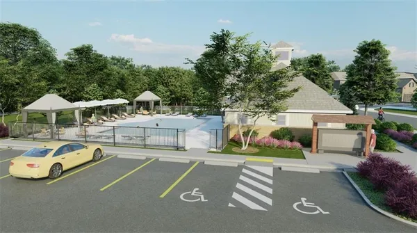 an aerial view of a house yard swimming pool and outdoor seating