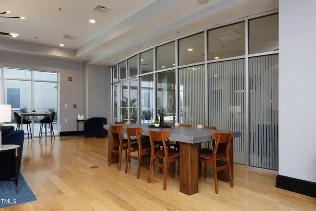 a view of a dining room with furniture