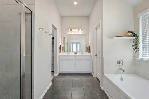 a bathroom with a tub sink and mirror