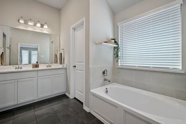 a bathroom with a tub a sink and a mirror