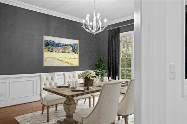 a dining room with furniture and window