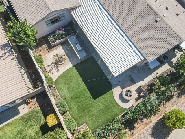 an aerial view of a backyard