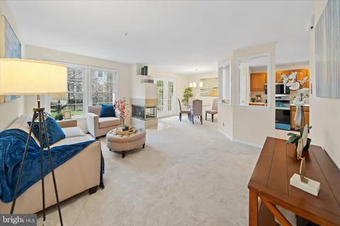 a view of a livingroom with furniture a fireplace and windows