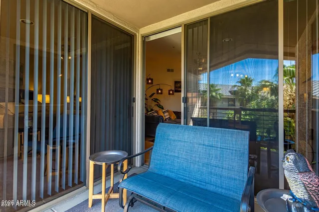 a view of a porch with furniture