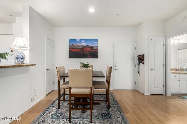 a view of a dining room with furniture