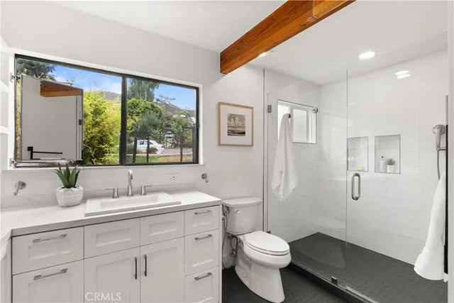 a bathroom with a double vanity sink toilet and shower